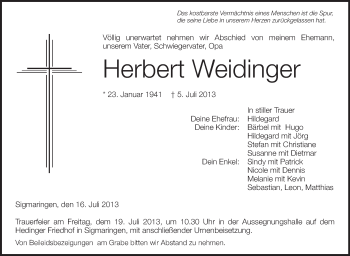 Anzeige von Herbert Weidinger von Schwäbische Zeitung