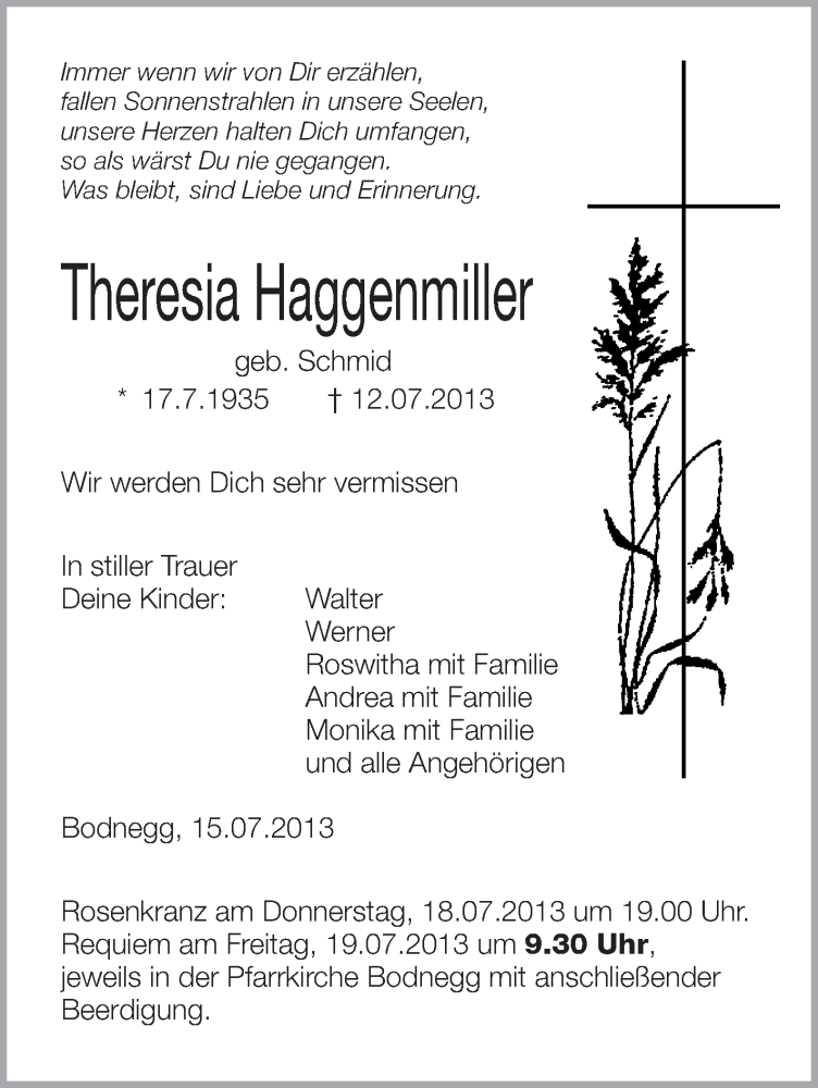  Traueranzeige für Theresia Haggenmiller vom 16.07.2013 aus Schwäbische Zeitung