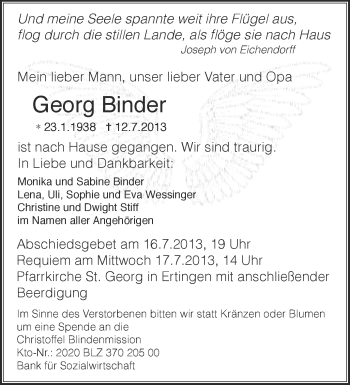 Anzeige von Georg Binder von Schwäbische Zeitung