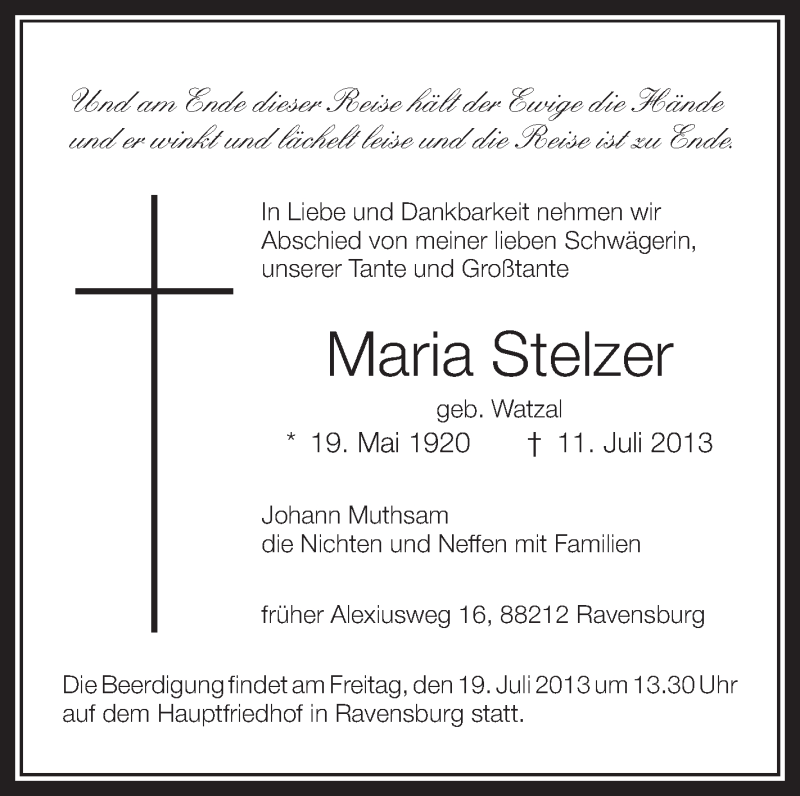  Traueranzeige für Maria Stelzer vom 17.07.2013 aus Schwäbische Zeitung