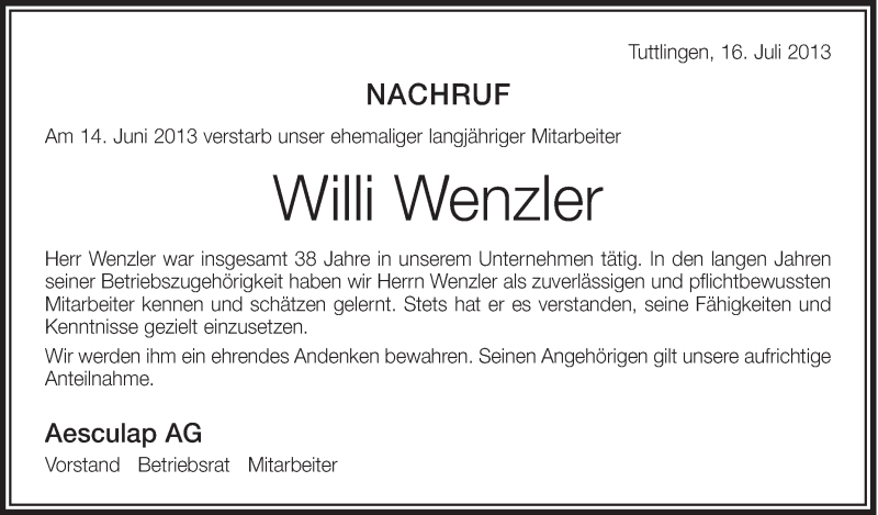  Traueranzeige für Willi Wenzler vom 16.07.2013 aus Schwäbische Zeitung