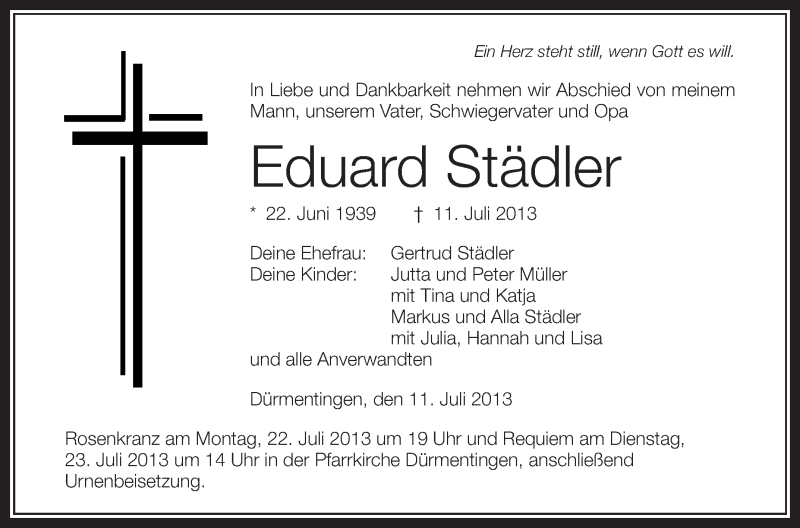  Traueranzeige für Eduard Städler vom 20.07.2013 aus Schwäbische Zeitung