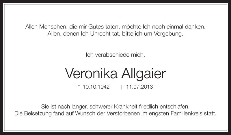  Traueranzeige für Veronika Allgaier vom 17.07.2013 aus Schwäbische Zeitung