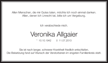 Anzeige von Veronika Allgaier von Schwäbische Zeitung