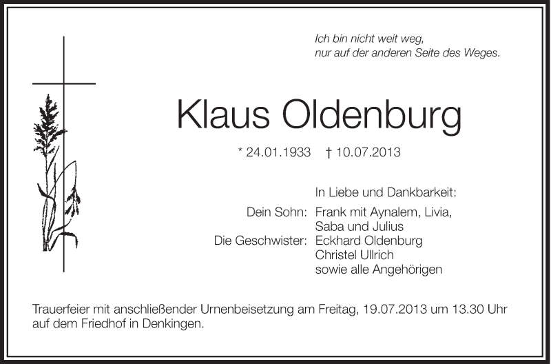  Traueranzeige für Klaus Oldenburg vom 17.07.2013 aus Schwäbische Zeitung