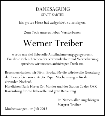 Anzeige von Werner Treiber von Schwäbische Zeitung