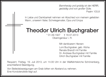 Anzeige von Theodor Ulrich Buchgraber von Schwäbische Zeitung