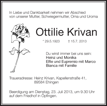 Anzeige von Ottilie Krivan von Schwäbische Zeitung