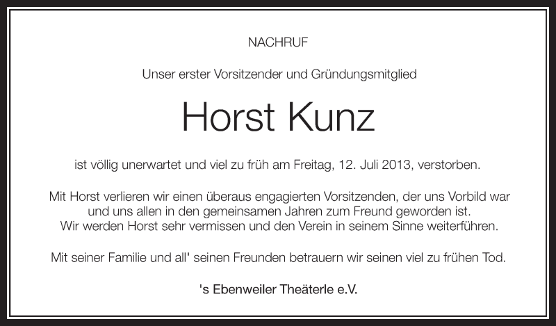  Traueranzeige für Horst Kunz vom 17.07.2013 aus Schwäbische Zeitung
