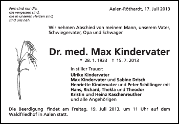 Anzeige von Max Kindervater von Schwäbische Zeitung