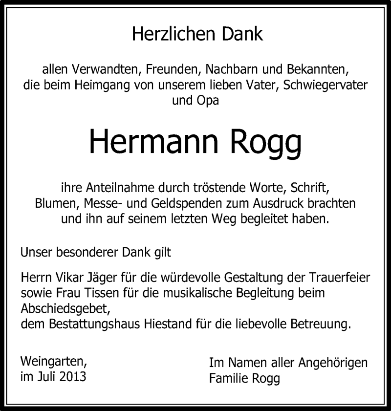  Traueranzeige für Hermann Rogg vom 22.07.2013 aus Schwäbische Zeitung