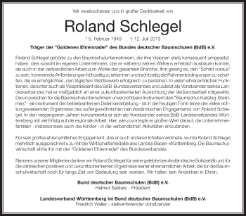 Anzeige von Roland Schlegel von Schwäbische Zeitung