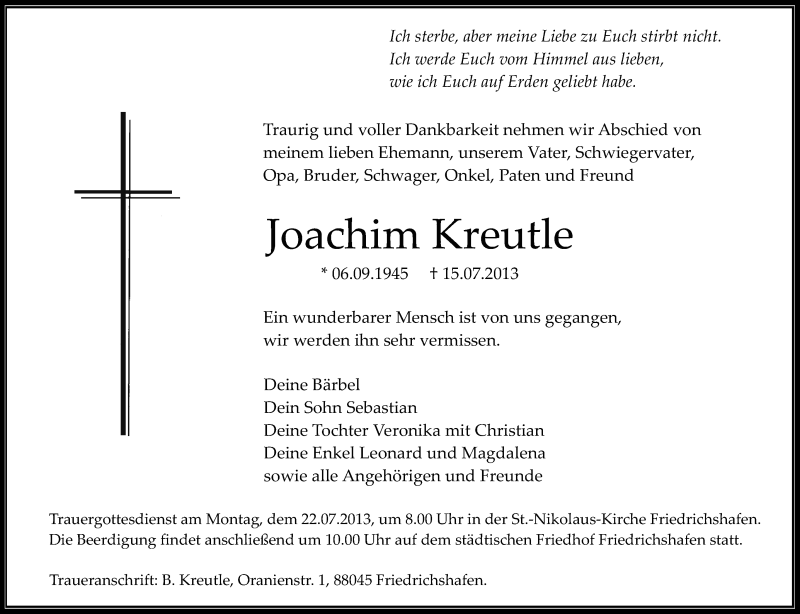  Traueranzeige für Joachim Kreutle vom 18.07.2013 aus Schwäbische Zeitung