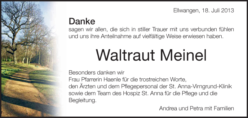  Traueranzeige für Waltraut Meinel vom 18.07.2013 aus Schwäbische Zeitung