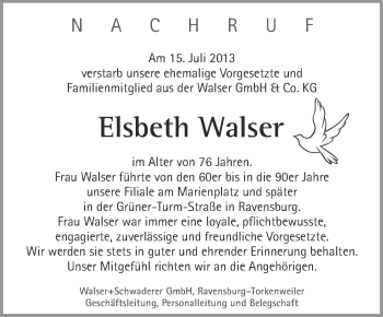 Anzeige von Elsbeth Walser von Schwäbische Zeitung