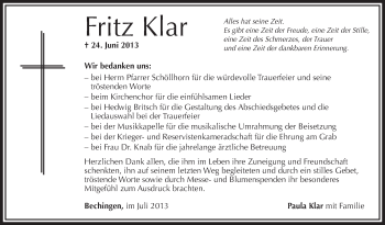 Anzeige von Fritz Klar von Schwäbische Zeitung