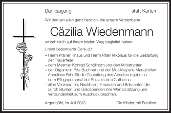 Anzeige von Cäzilia Wiedenmann von Schwäbische Zeitung