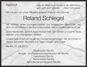 Anzeige von Roland Schlegel von Schwäbische Zeitung