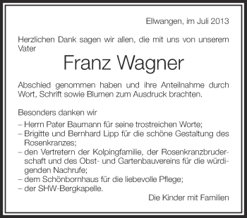 Anzeige von Franz Wagner von Schwäbische Zeitung