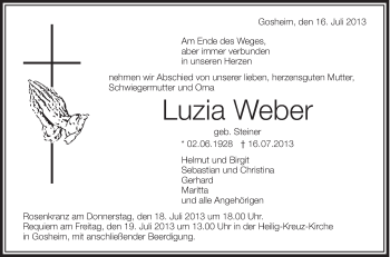 Anzeige von Luzia Weber von Schwäbische Zeitung