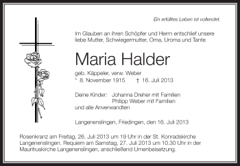 Anzeige von Maria Halder von Schwäbische Zeitung