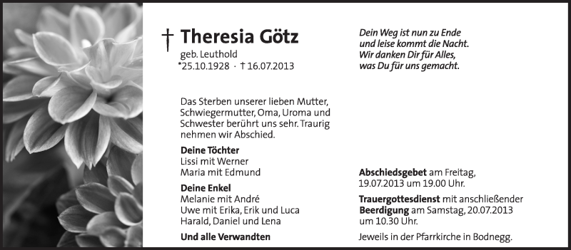  Traueranzeige für Theresia Götz vom 18.07.2013 aus Schwäbische Zeitung
