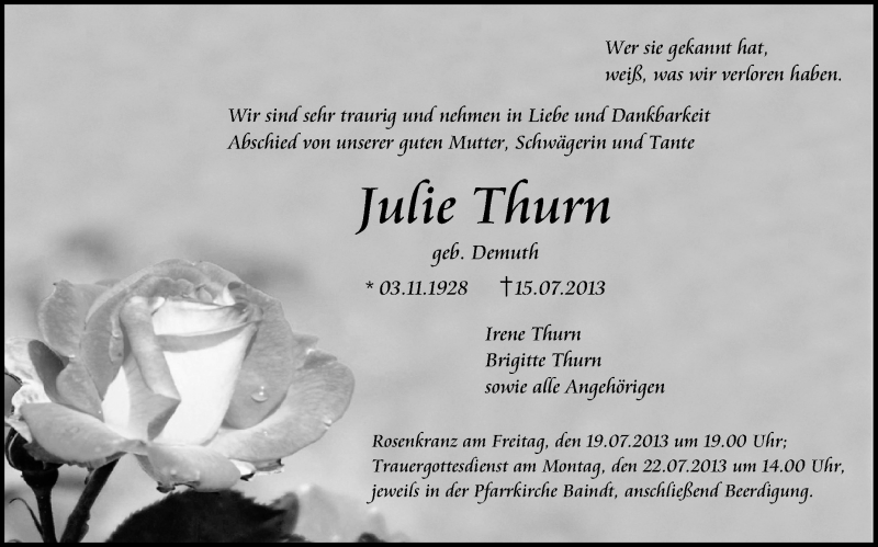 Traueranzeige für Julie Thurn vom 18.07.2013 aus Schwäbische Zeitung