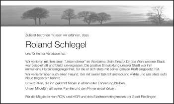 Anzeige von Roland Schlegel von Schwäbische Zeitung