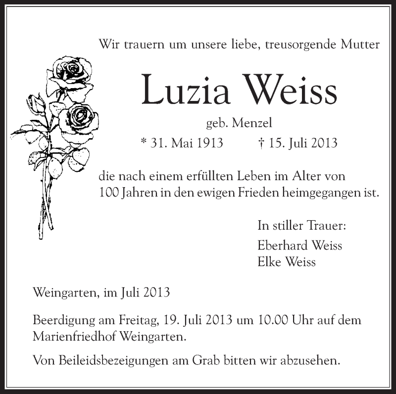  Traueranzeige für Luzia Weiss vom 18.07.2013 aus Schwäbische Zeitung
