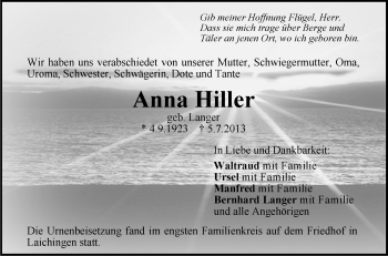 Anzeige von Anna Hiller von Schwäbische Zeitung