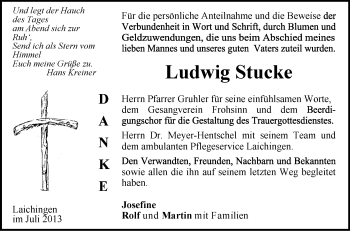 Anzeige von Ludwig Stucke von Schwäbische Zeitung