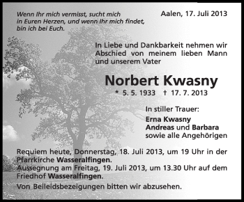 Anzeige von Norbert Kwasny von Schwäbische Zeitung