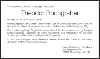 Anzeige von Theodor Buchgraber von Schwäbische Zeitung