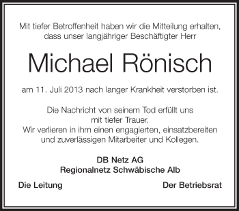Anzeige von Michael Rönisch von Schwäbische Zeitung