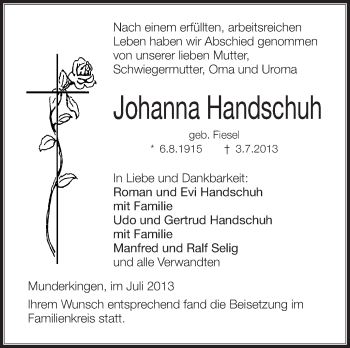 Anzeige von Johanna Handschuh von Schwäbische Zeitung