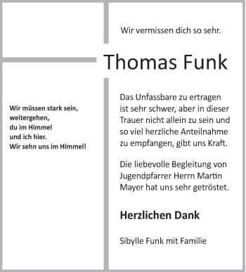 Anzeige von Thomas Funk von Schwäbische Zeitung