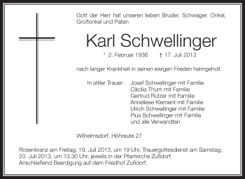 Anzeige von Karl Schwellinger von Schwäbische Zeitung