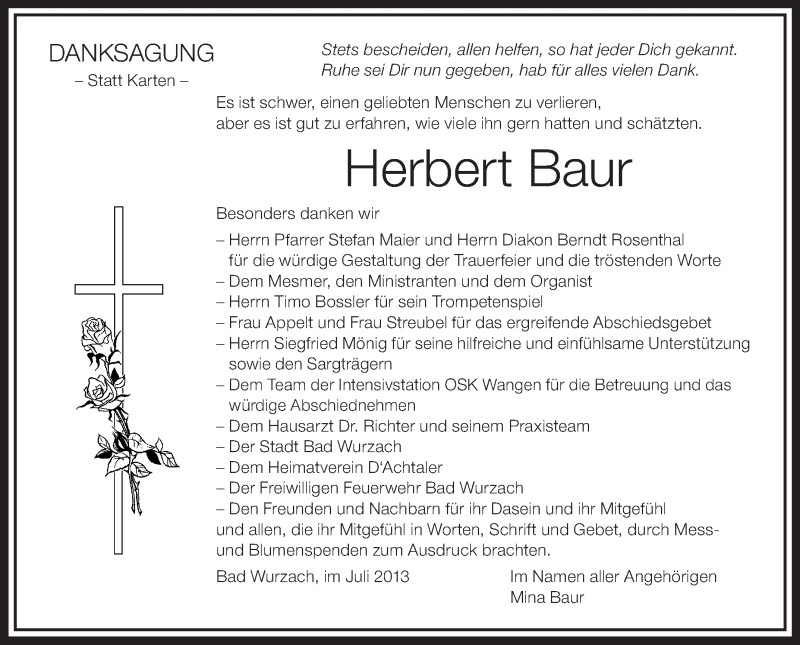  Traueranzeige für Herbert Baur vom 20.07.2013 aus Schwäbische Zeitung