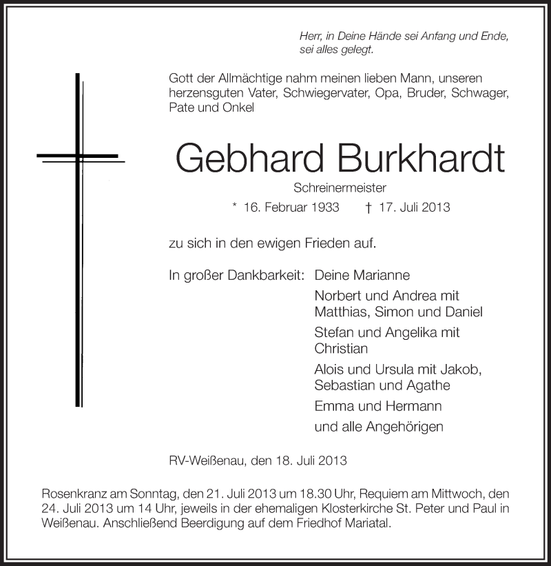  Traueranzeige für Gebhard Burkhardt vom 20.07.2013 aus Schwäbische Zeitung
