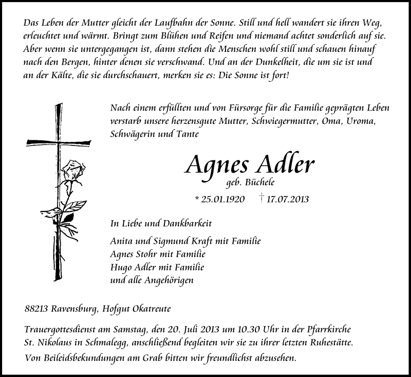  Traueranzeige für Agnes Adler vom 19.07.2013 aus Schwäbische Zeitung