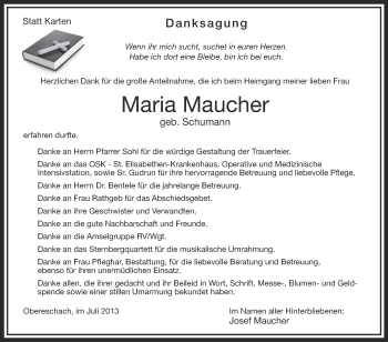 Anzeige von Maria Maucher von Schwäbische Zeitung