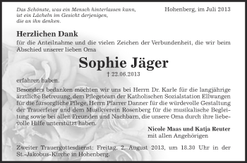 Anzeige von Sophie Jäger von Schwäbische Zeitung