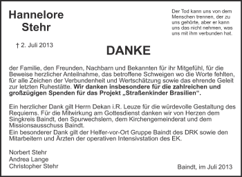 Anzeige von Hannelore Stehr von Schwäbische Zeitung