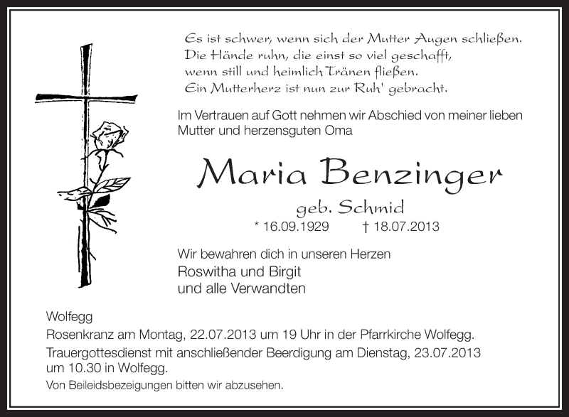  Traueranzeige für Maria Benzinger vom 20.07.2013 aus Schwäbische Zeitung