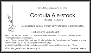 Anzeige von Cordula Aierstock von Schwäbische Zeitung