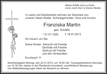 Anzeige von Franziska Martin von Schwäbische Zeitung