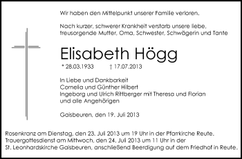 Anzeige von Elisabeth Högg von Schwäbische Zeitung
