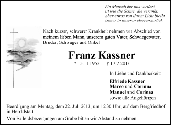Anzeige von Franz Kassner von Schwäbische Zeitung