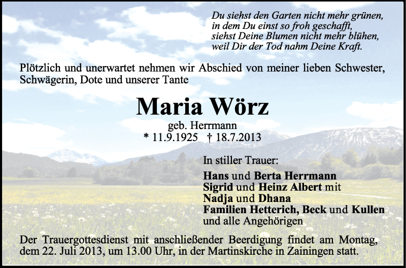  Traueranzeige für Maria Wörz vom 20.07.2013 aus Schwäbische Zeitung