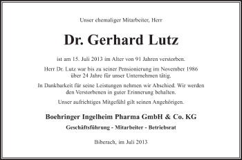 Anzeige von Gerhard Lutz von Schwäbische Zeitung